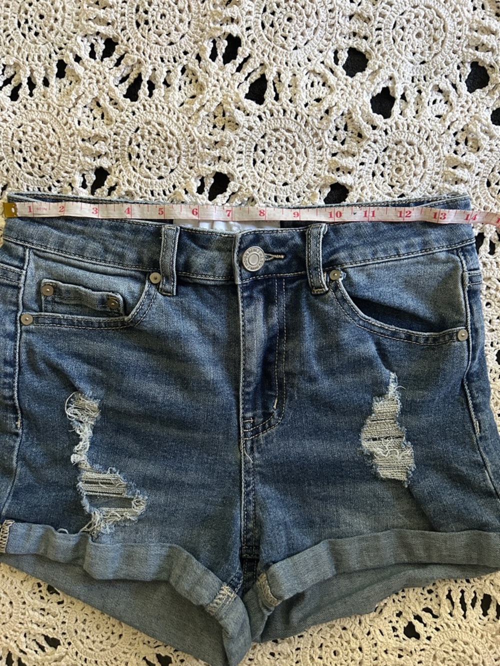 Indigo Rein Medium Blue Distressed Roll-Hem Denim Shorts - Picture 4 of 5